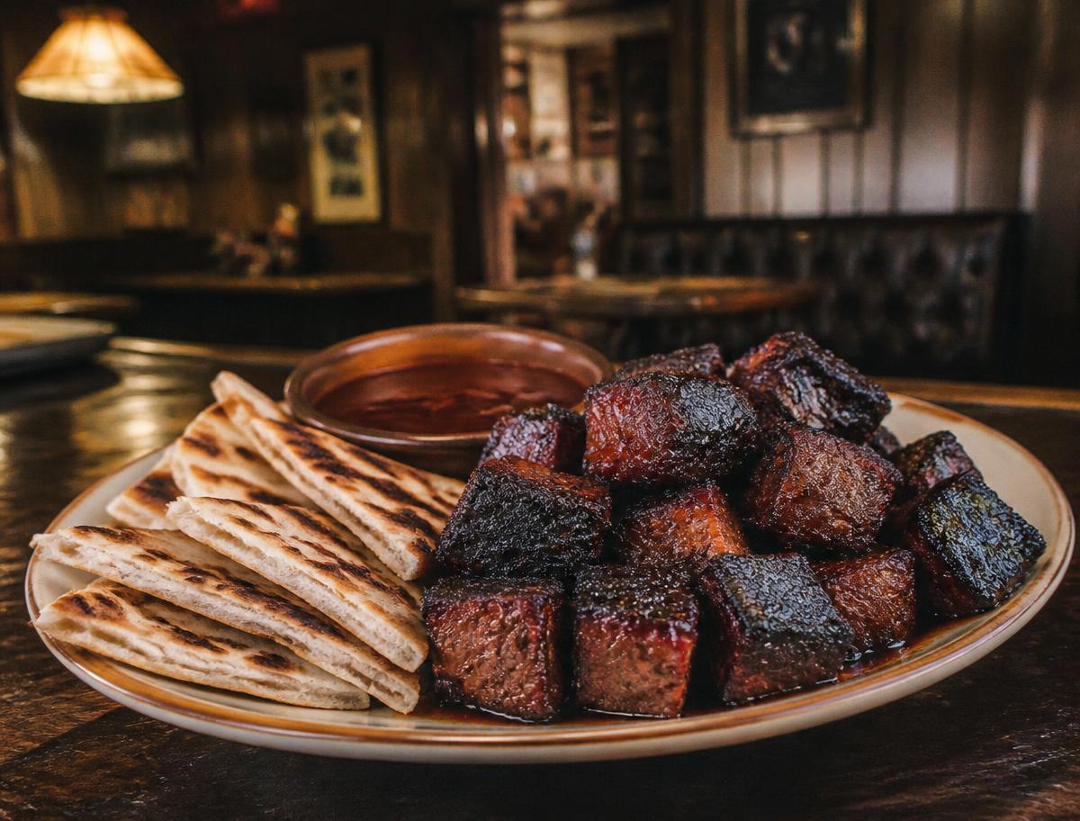 Burnt ends with grilled pita on the table